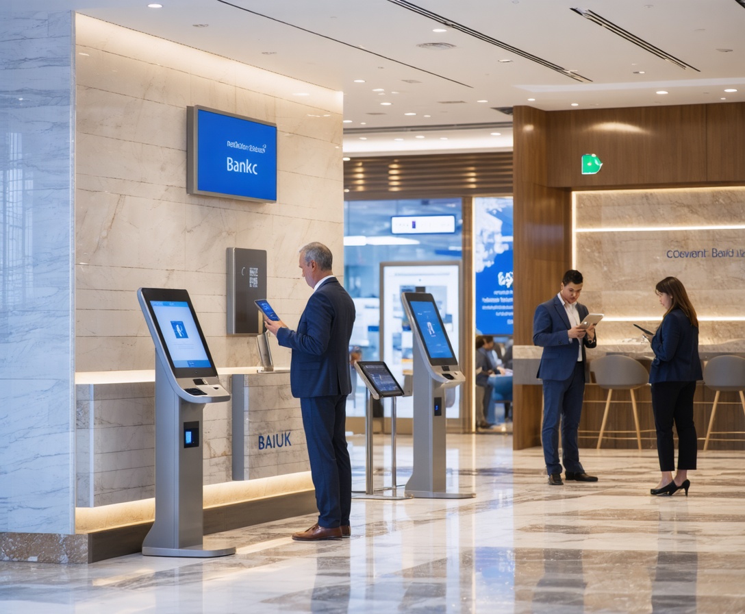 A modern bank interior with digital kiosks representing the future of automated financial services
