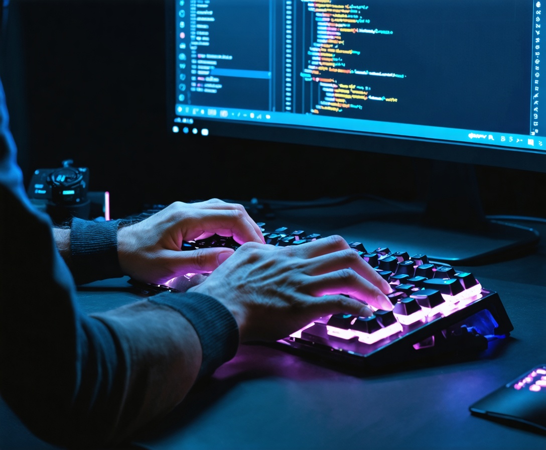 A developer typing on an RGB mechanical keyboard representing the custom code and integration layer
