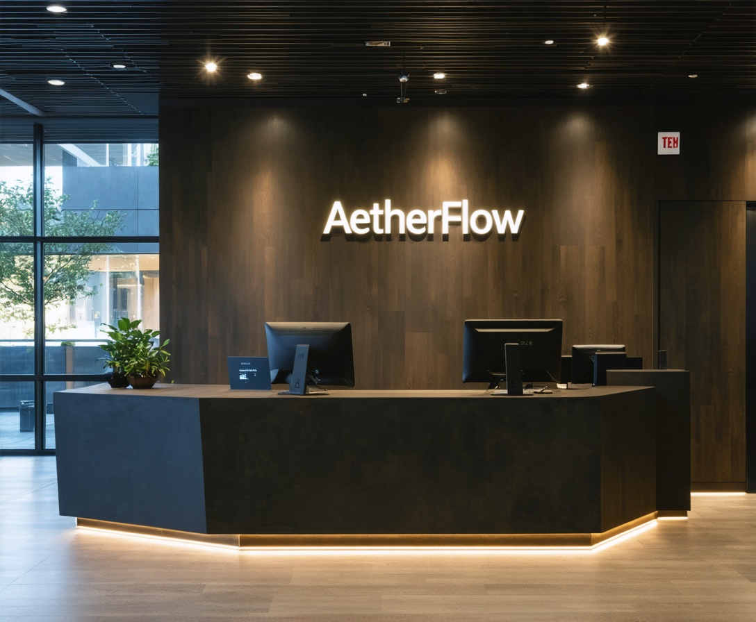The sleek reception desk at AetherFlow's Mumbai headquarters featuring our signature glowing logo