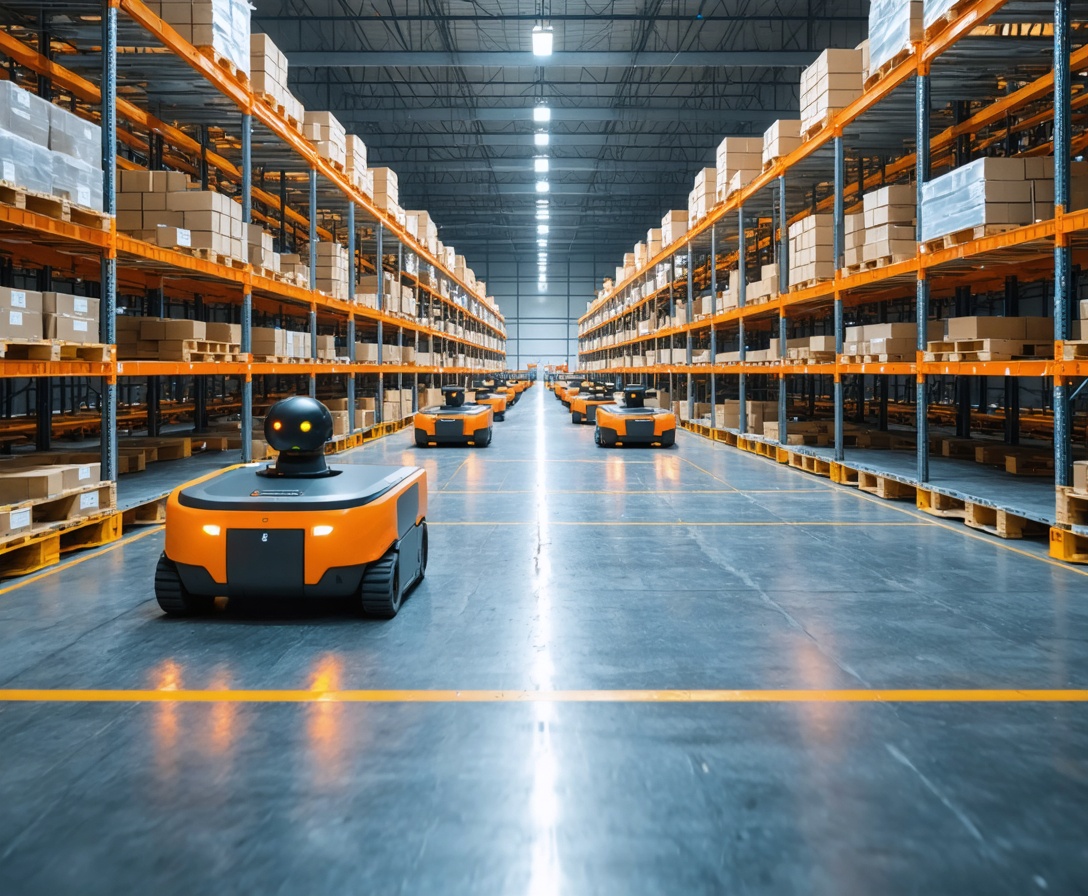 An automated warehouse with orange robots moving pallets with high precision