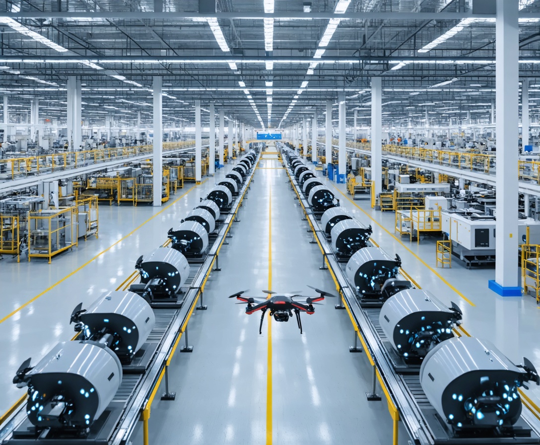 A smart factory in India featuring automated drones and high-tech manufacturing lines