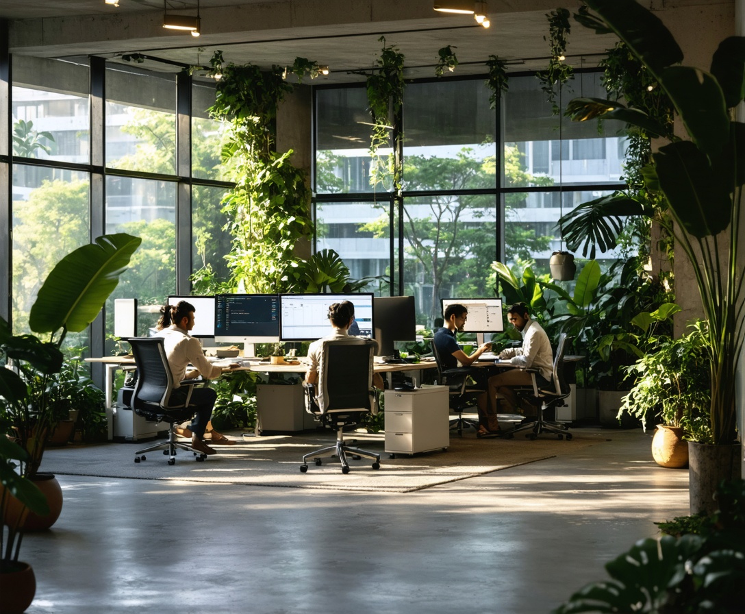 AetherFlow's modern minimalist office in Mumbai featuring glass walls and vibrant collaboration spaces